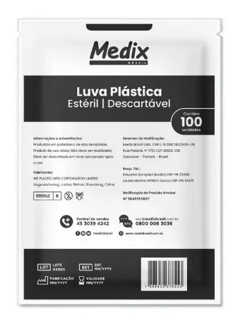 Luva Plástica Estéril Embalada Individualmente Pct C/100 Un