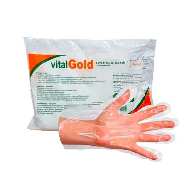 Luva Plástica Estéril Vitalgold - Pacote com 100 Unidades